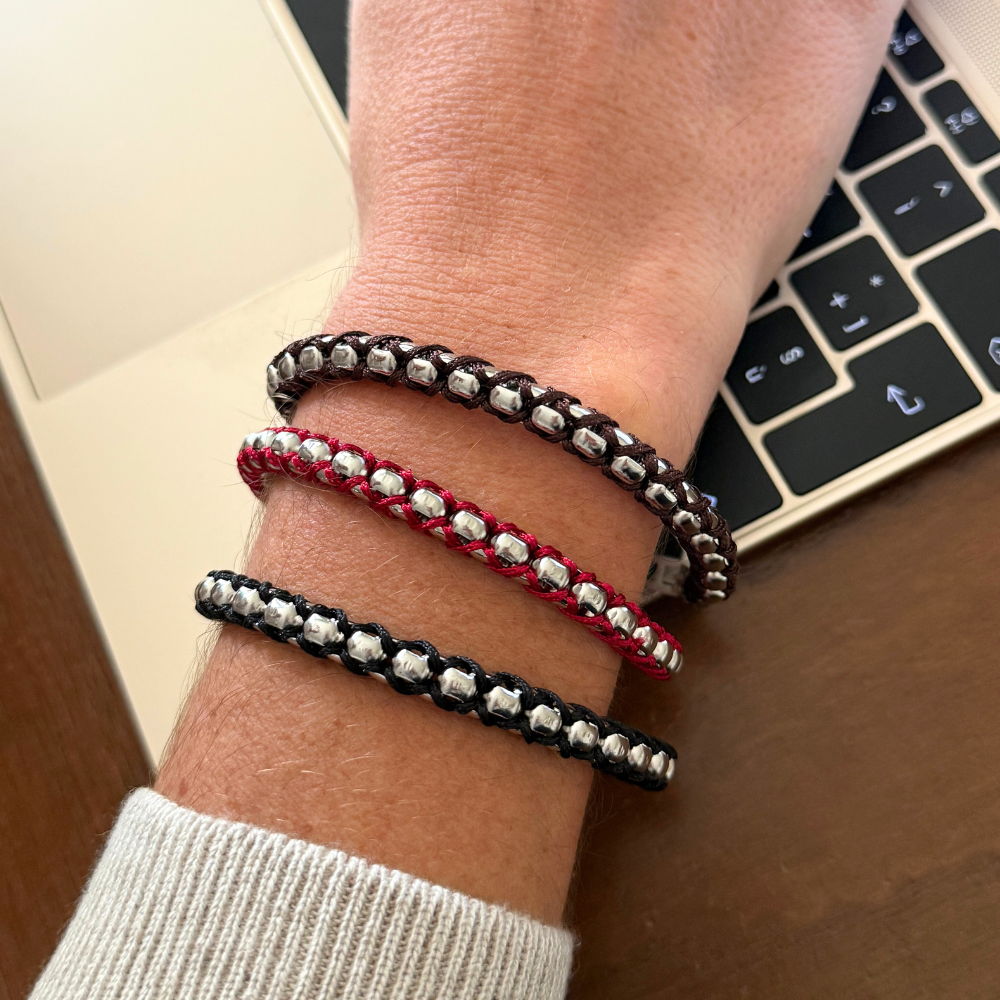 Bracciale Axis in Acciaio Silver e Cordino Marrone
