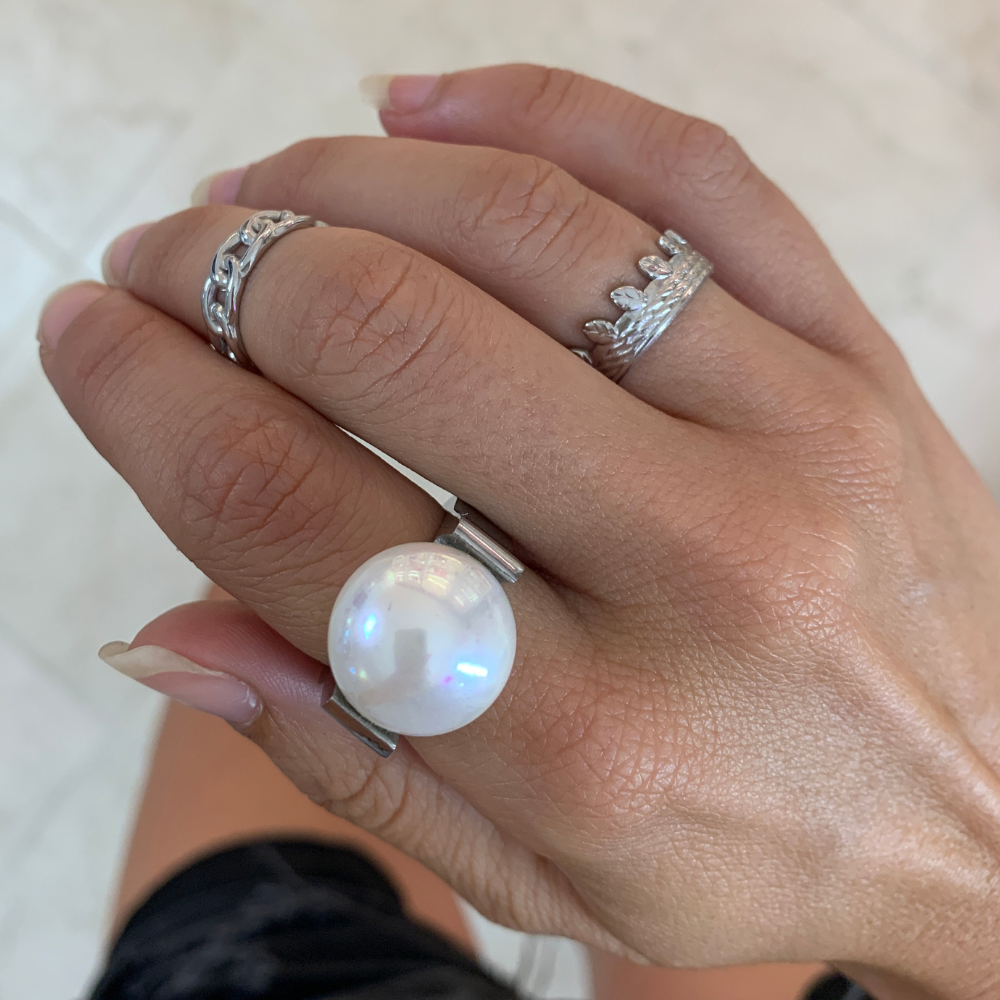 anello in acciaio silver con perla