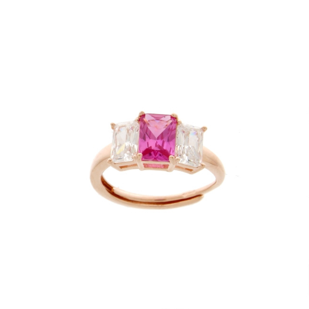 anello rosè con zirconi baguette bianchi e fucsia