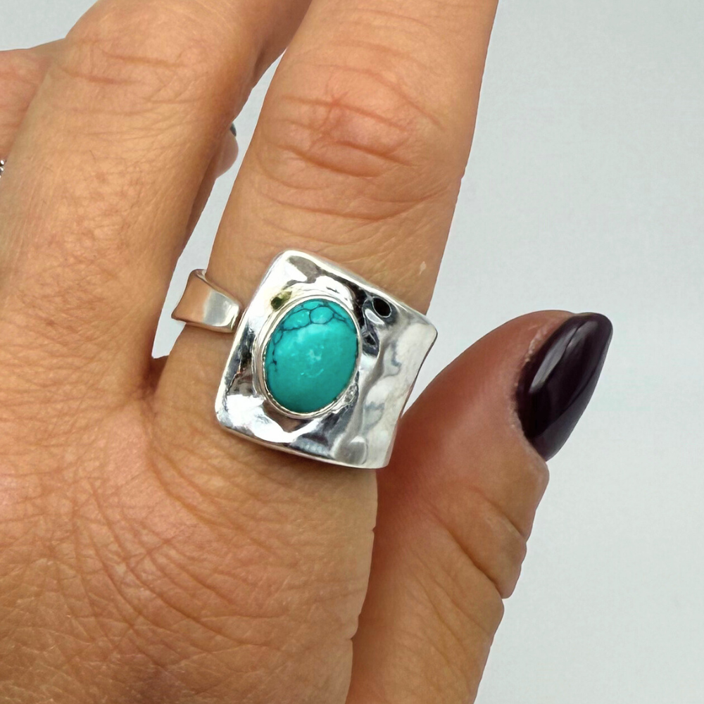 Anello Anima Libera a Fascia in Argento 925 Martellato con Turchese