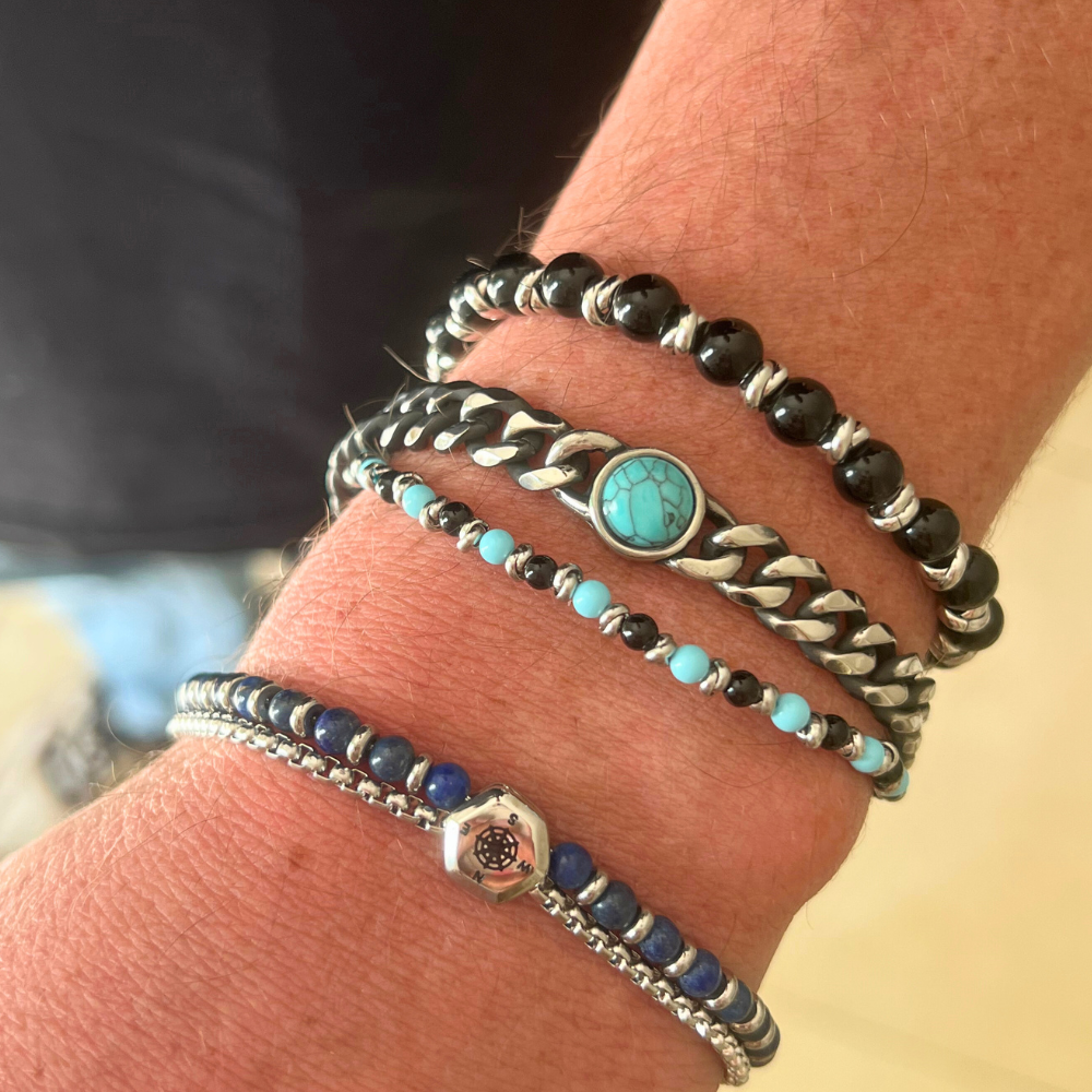 Bracciale Pietre Nere e Azzurre in Acciaio Silver - WJ Gioielli