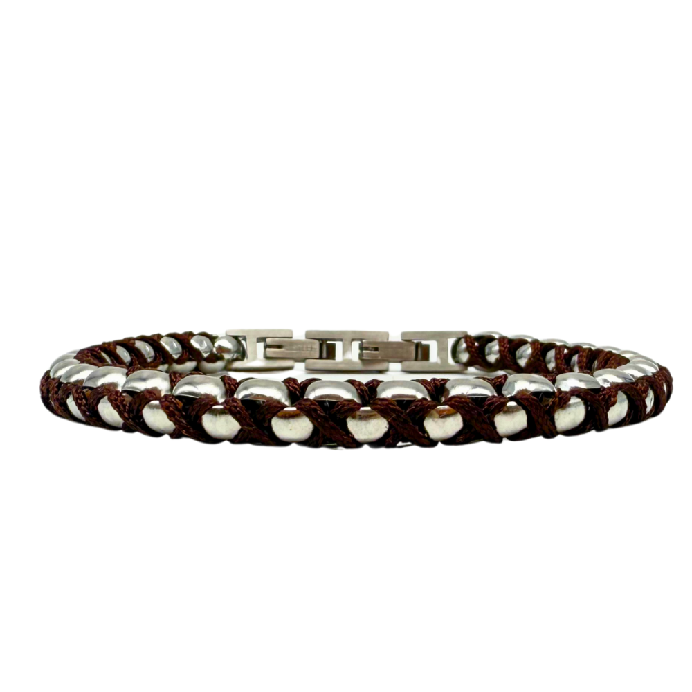 Bracciale Axis in Acciaio Silver e Cordino Marrone