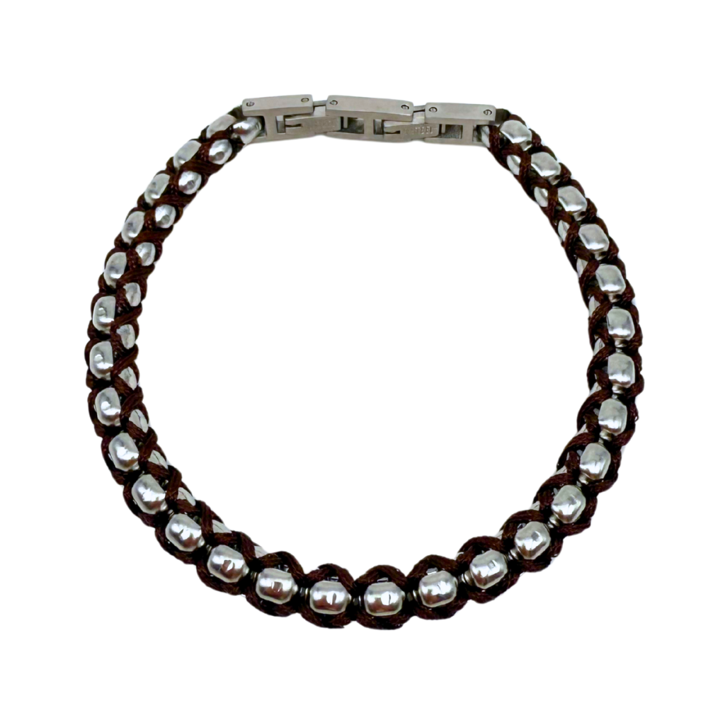 Bracciale Axis in Acciaio Silver e Cordino Marrone