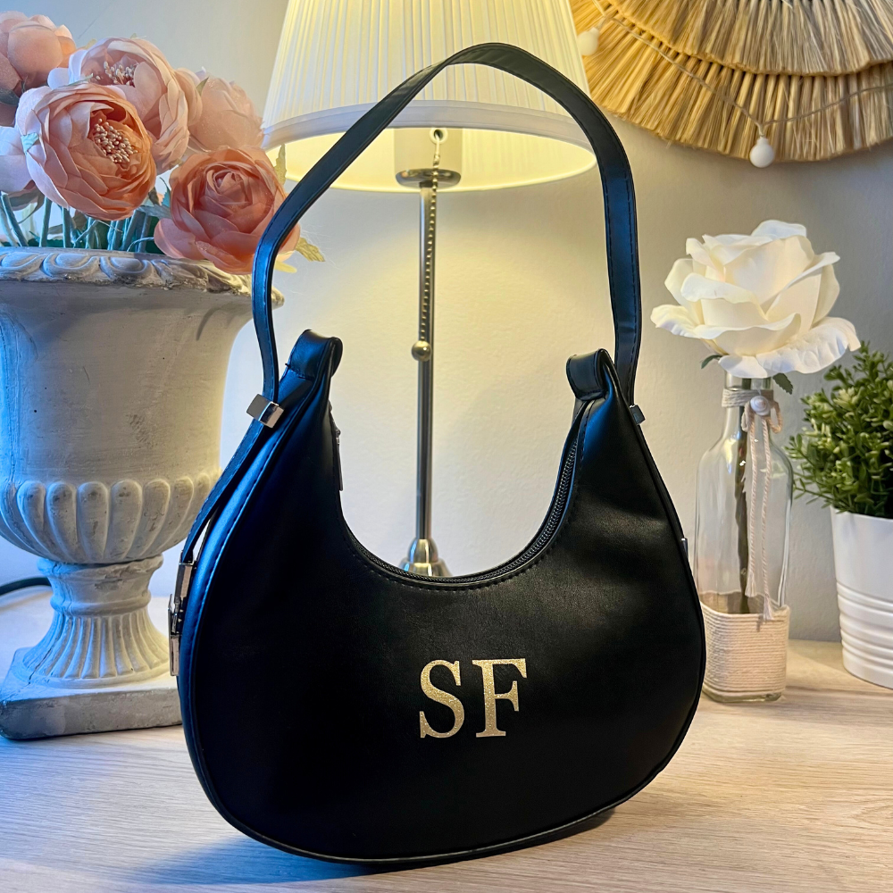 borsa a spalla nera in simil pelle personalizzabile