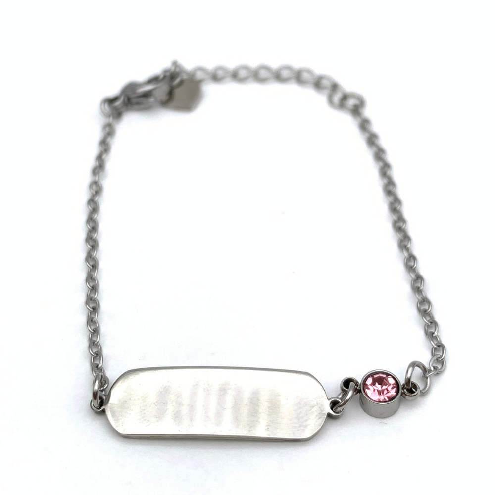 bracciale in acciaio silver con targhetta e zircone rosa