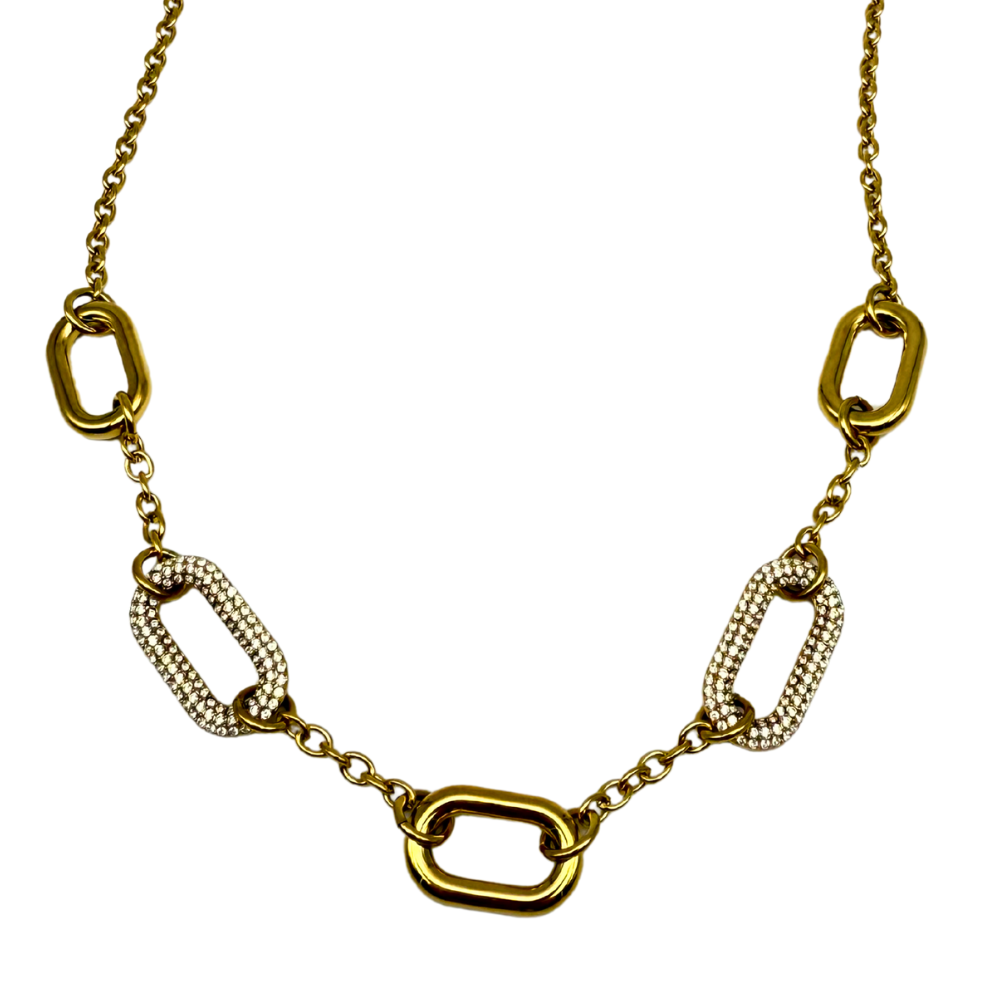 Collana Girocollo in Acciaio Gold con Anelli Rettangolari e Zirconi
