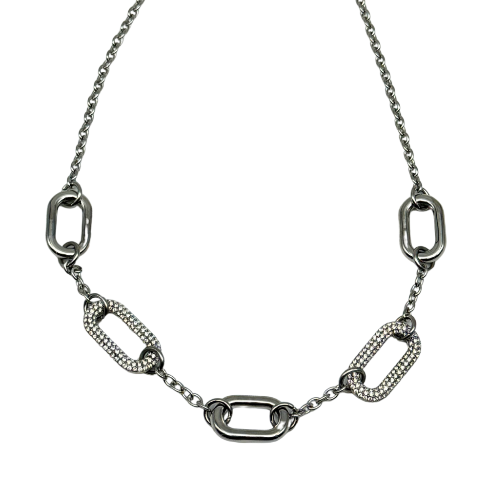 Collana Girocollo in Acciaio Silver con Anelli Rettangolari e Zirconi