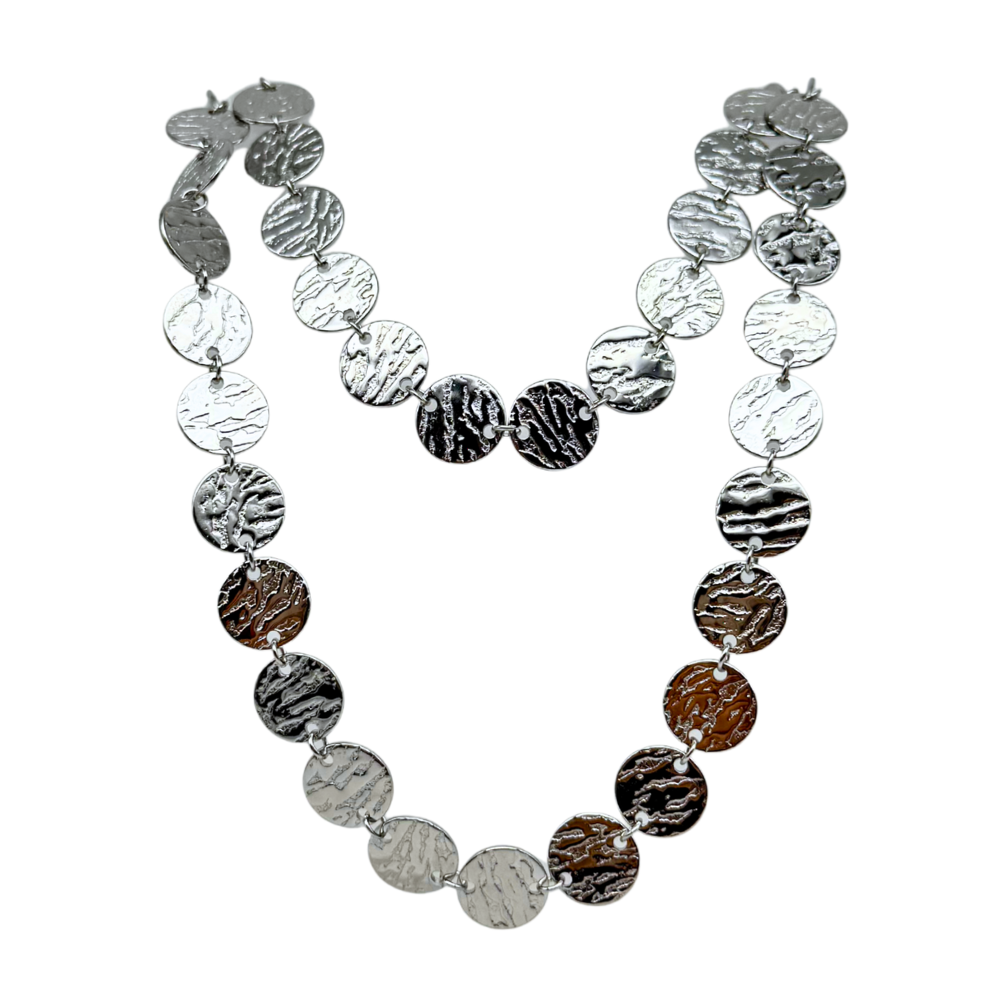 Silver Motion - Collana Lunga in Acciaio Silver con Medaglie Martellate