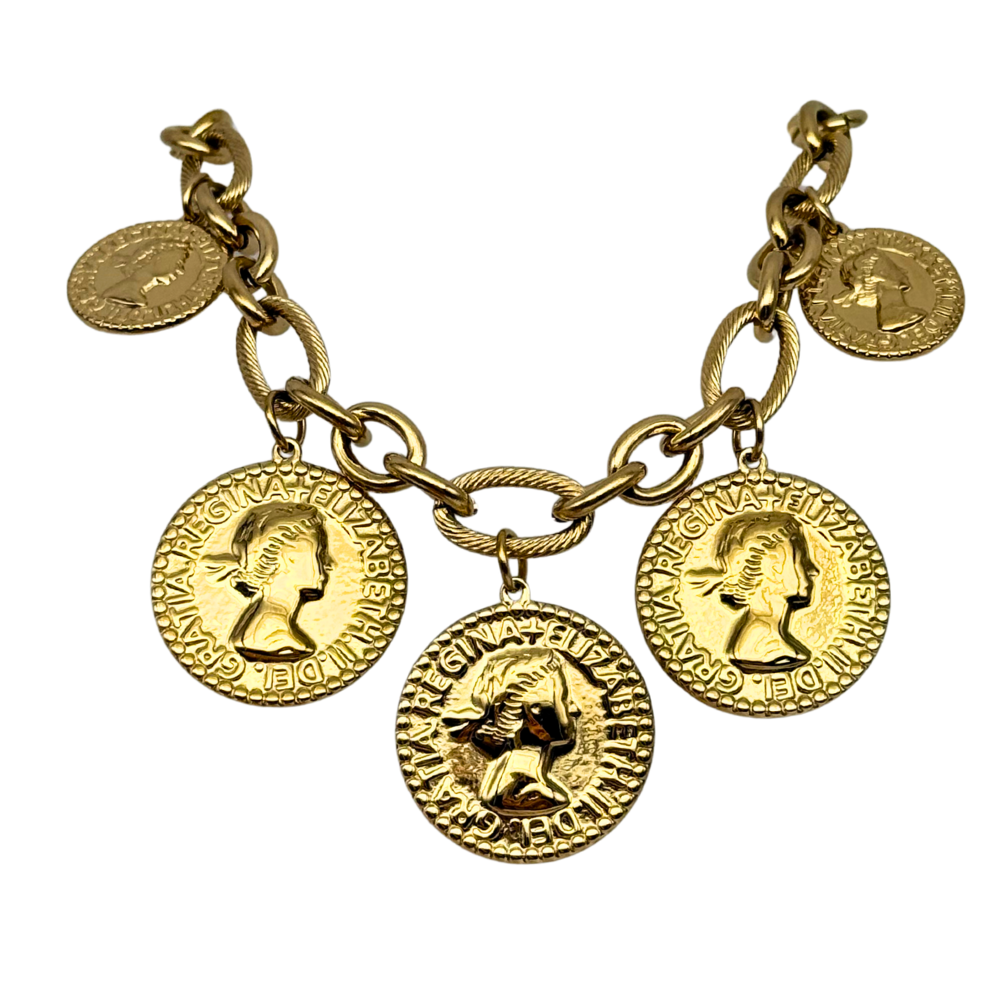 Collana Catena Maxi in Acciaio Gold con Medaglie a Moneta