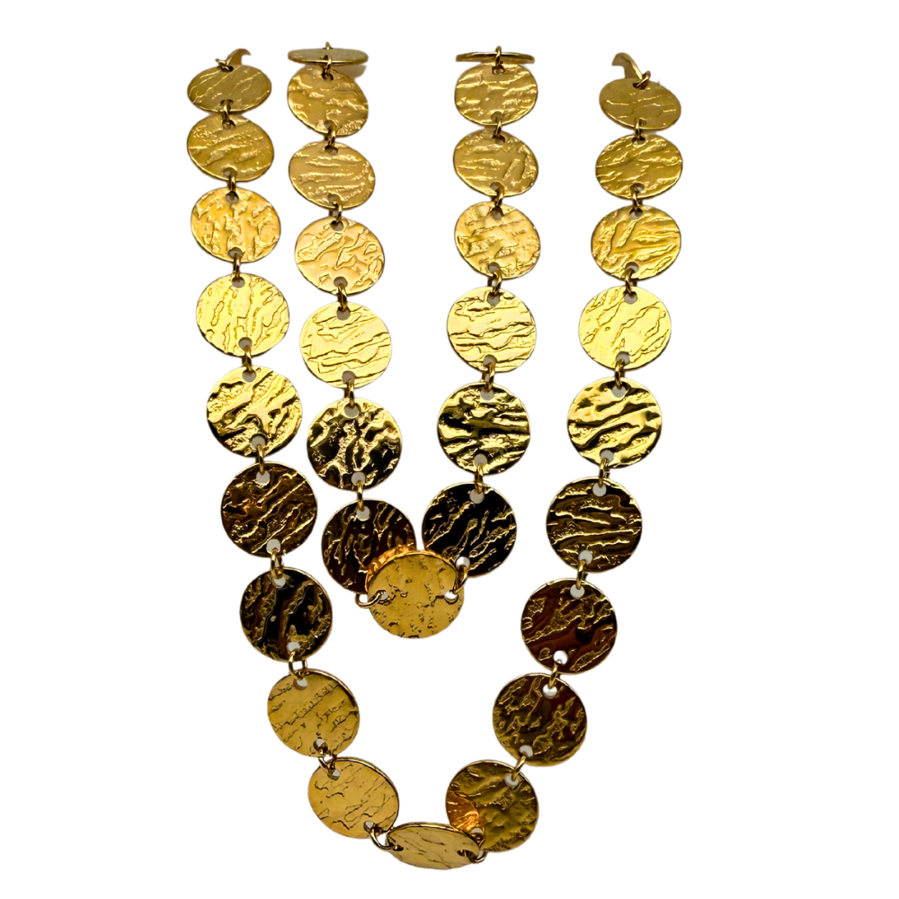 Gold Motion - Collana Lunga in Acciaio Gold con Medaglie Martellate