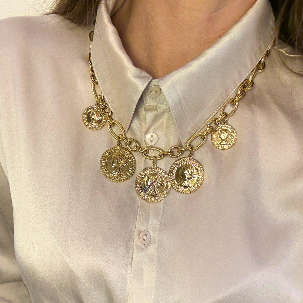 Collana Catena Maxi in Acciaio Gold con Medaglie a Moneta