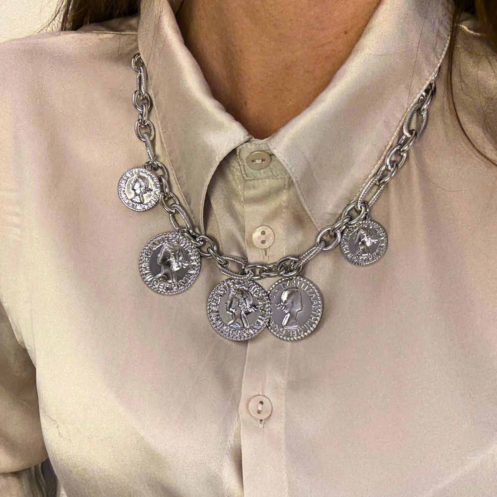 Collana Catena Maxi in Acciaio Silver con Medaglie a Moneta