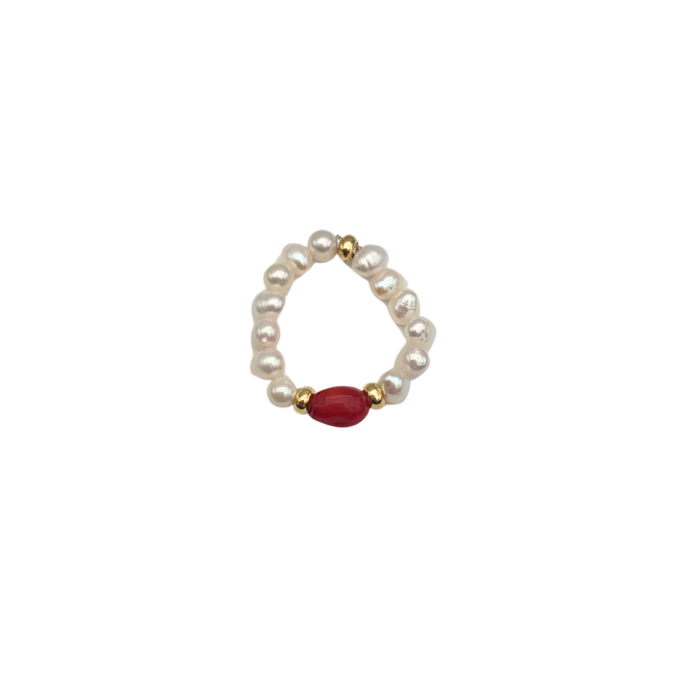 Anello Oceano con Perle di Fiume e Pietra Rossa in Argento Gold - WJ Gioielli
