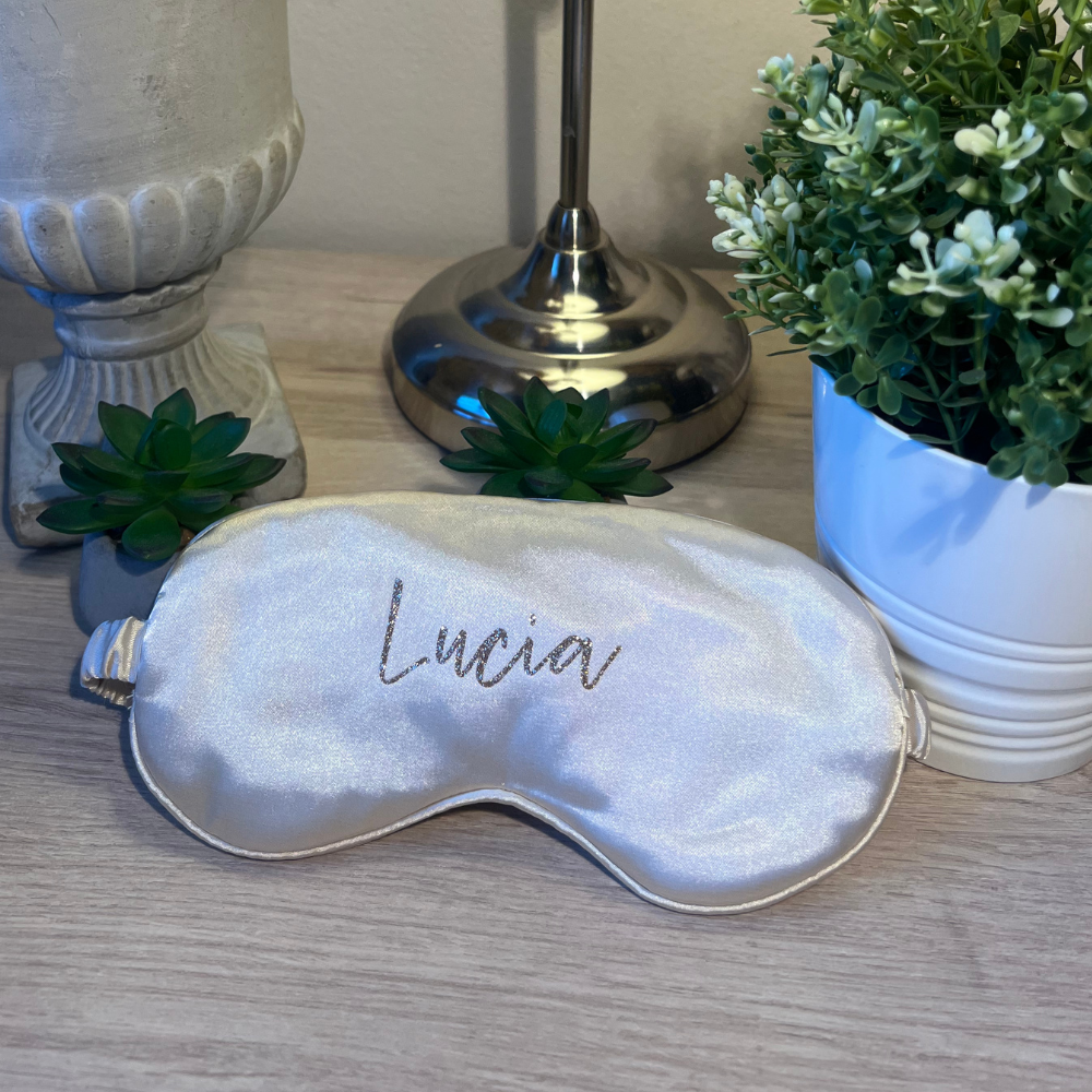maschera da notte in raso imbottito morbido con elastico personalizzata con nome oro con glitter