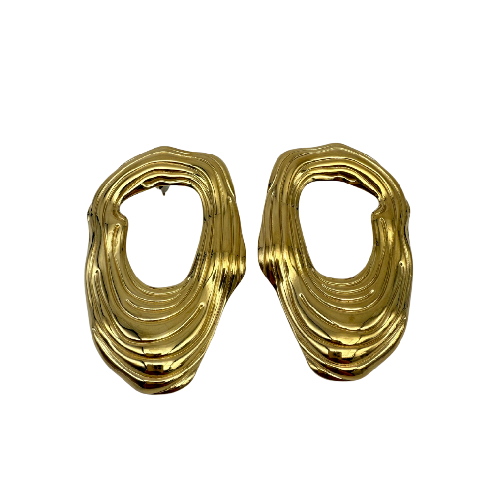 Orecchini Ovali con Striature in Acciaio Gold