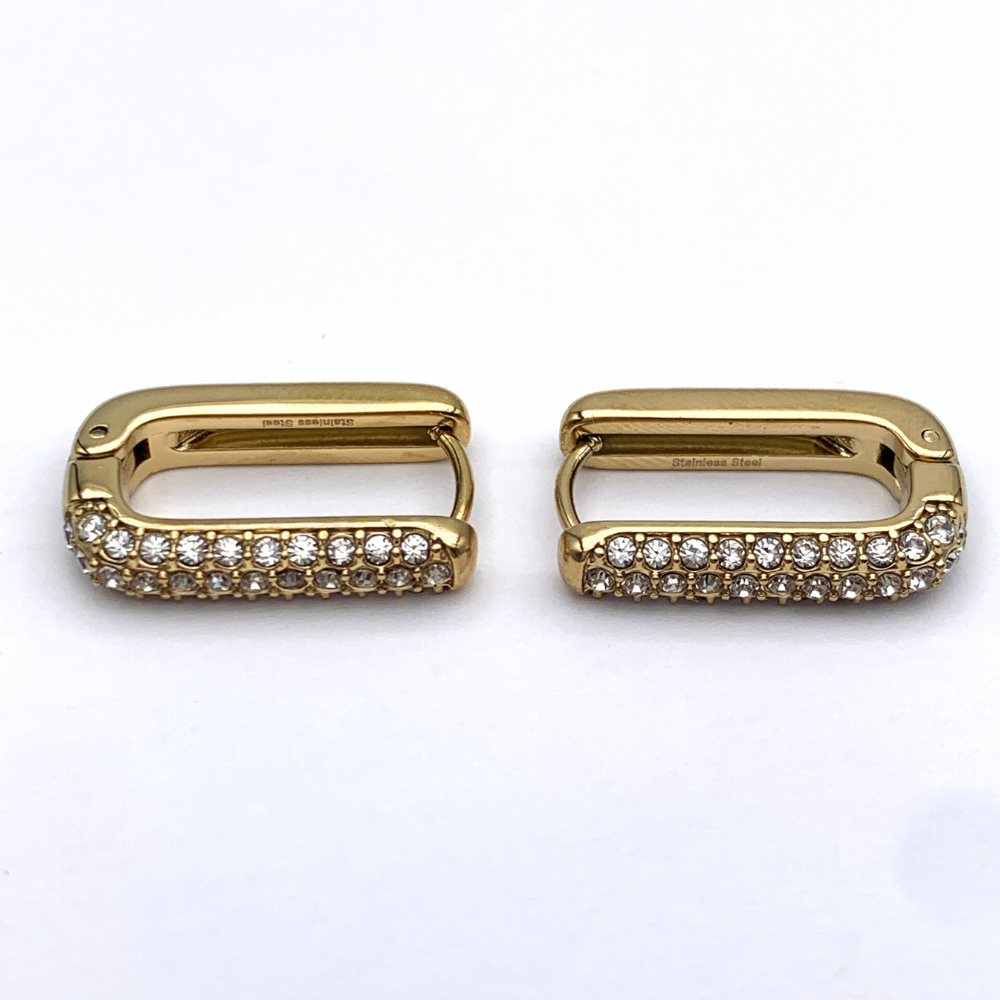 orecchini in acciaio gold con zirconi bianchi rettangolari