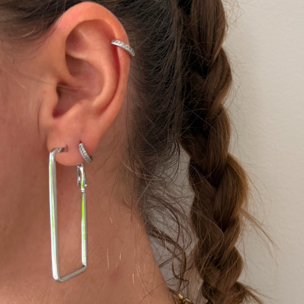 Orecchini a Cerchio con Forma Rettangolare Liscia in Acciaio Silver