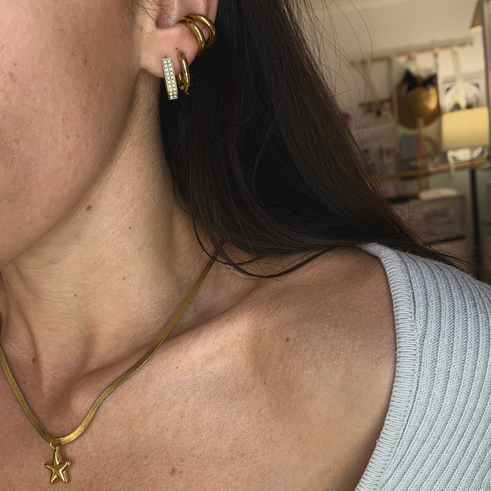 Hoops Rettangolari in Acciaio Gold con Zirconi Bianchi