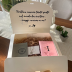 box regalo viaggiatori con chiusura a fiocco personalizzabile con nome e dedica con all'interno due porta passaporti grigio e rosa e una collana in argento 925 con ciondolo macchina fotografica