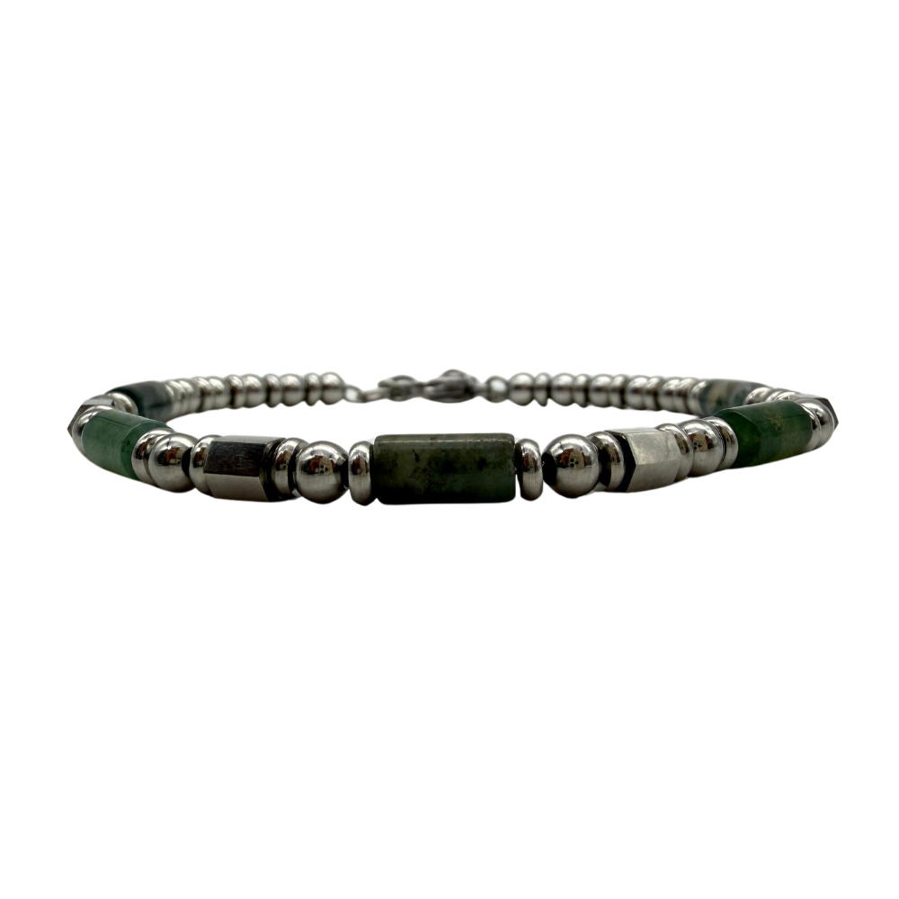 Bracciale Uomo con Pietre Verdi e Inserti Geometrici in Acciaio Silver