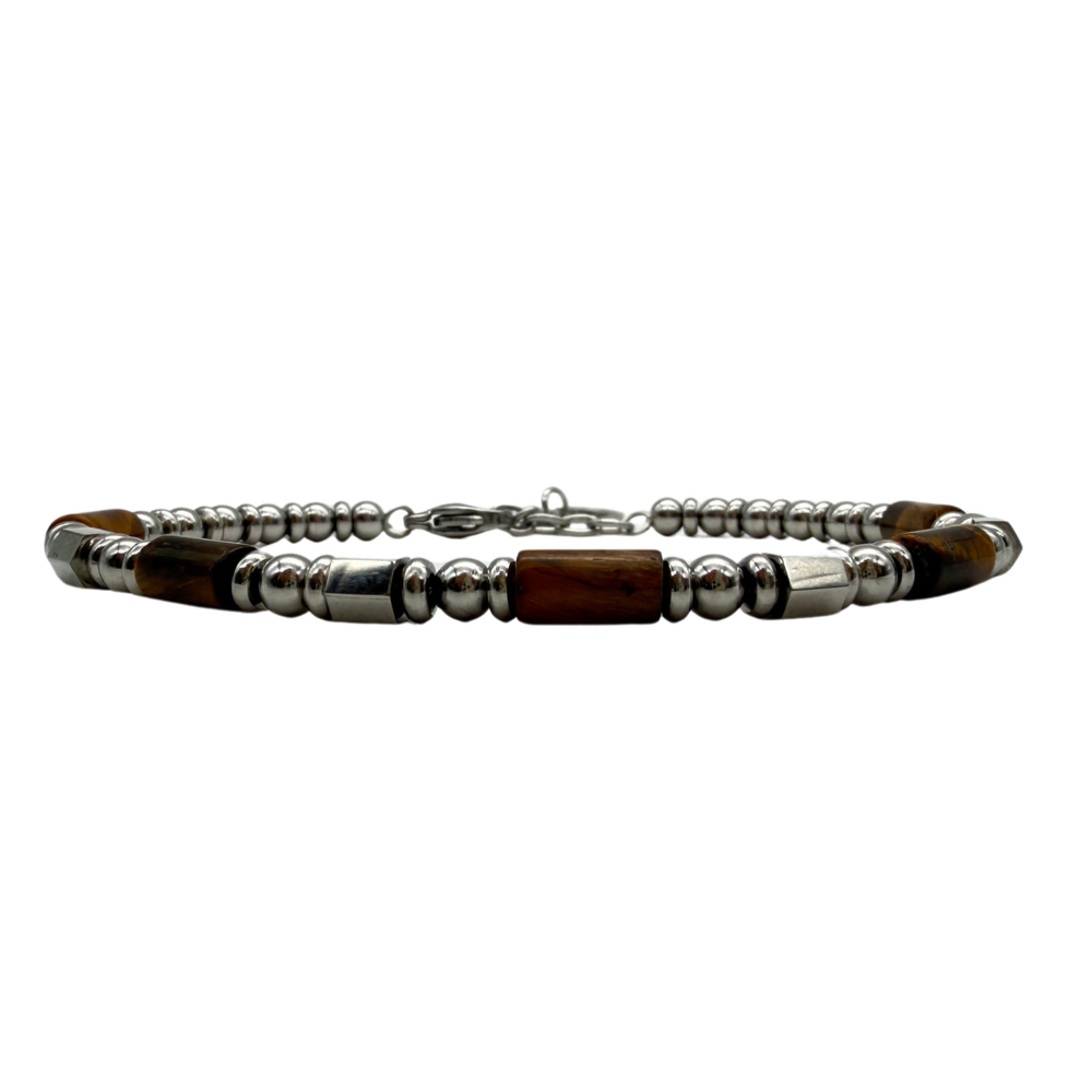 Bracciale Uomo con Pietre Marroni e Inserti Geometrici in Acciaio Silver