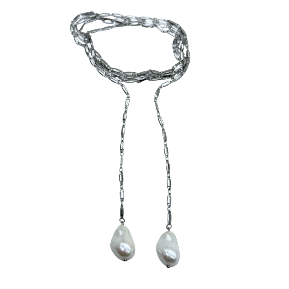 Collana Lunga Pendol in Perle in Acciaio Silver