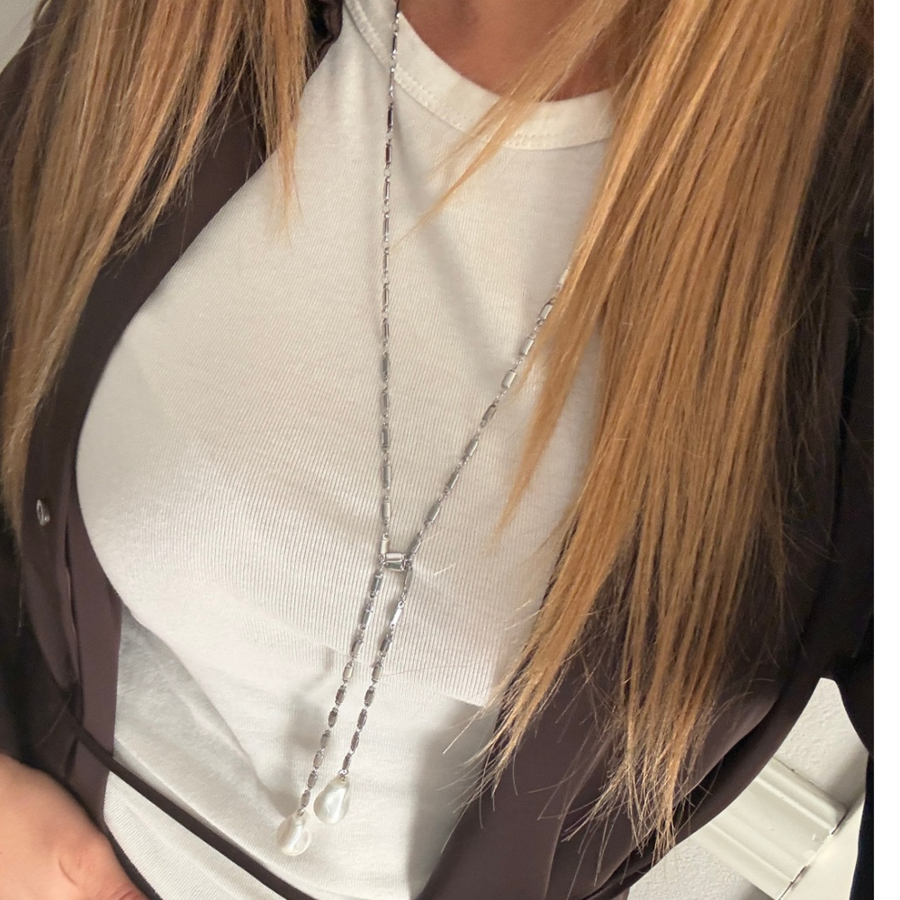 Collana Lunga Pendol in Perle in Acciaio Silver