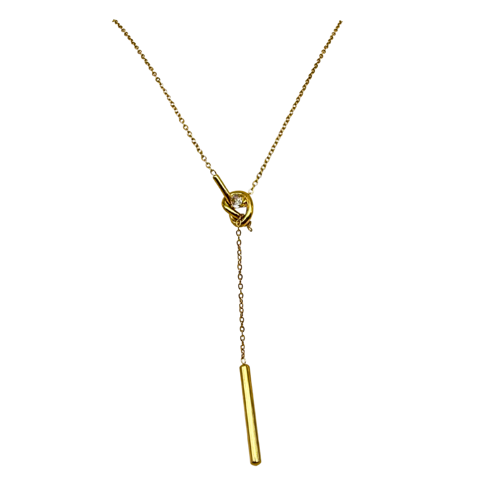 Collana Nodo Dorato con Zircone e Pendente Cilindrico