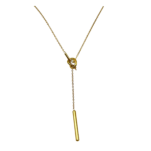 Collana Nodo Dorato con Zircone e Pendente Cilindrico