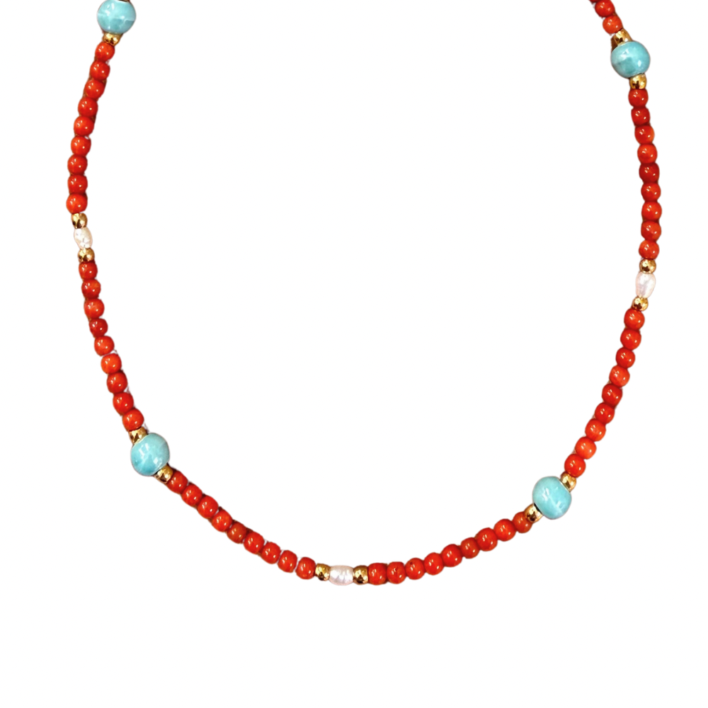 Collana Choker Rosso Corallino in Acciaio Gold