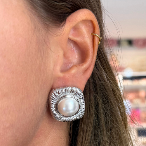 Orecchini Rettangolo di Perla in Acciaio Silver