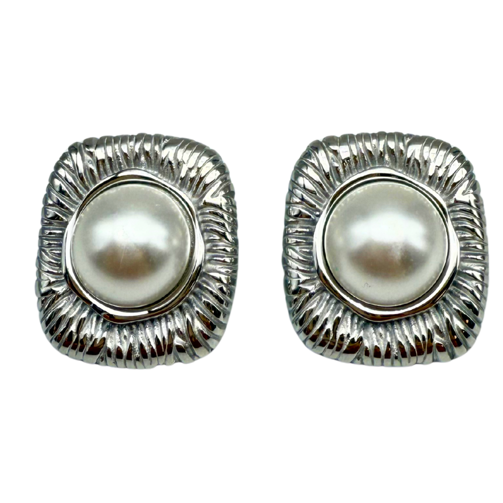 Orecchini Rettangolo di Perla in Acciaio Silver
