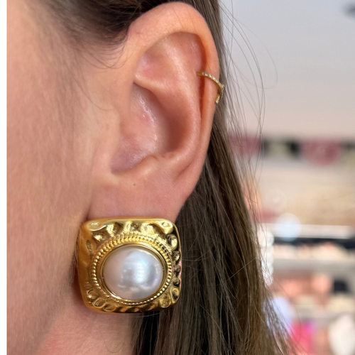 Orecchini Rettangolo Di Perla in Acciaio Gold