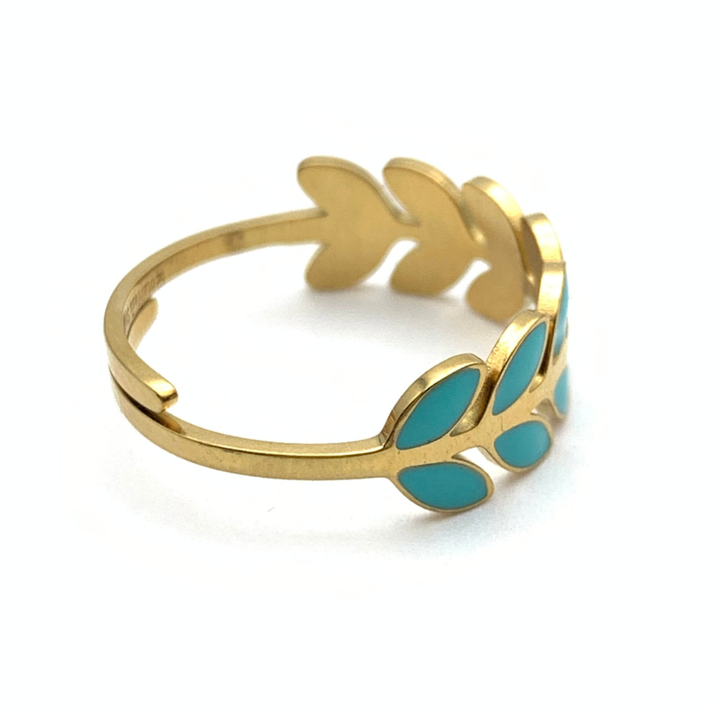 anello in acciaio gold papillon con foglie smaltate celesti