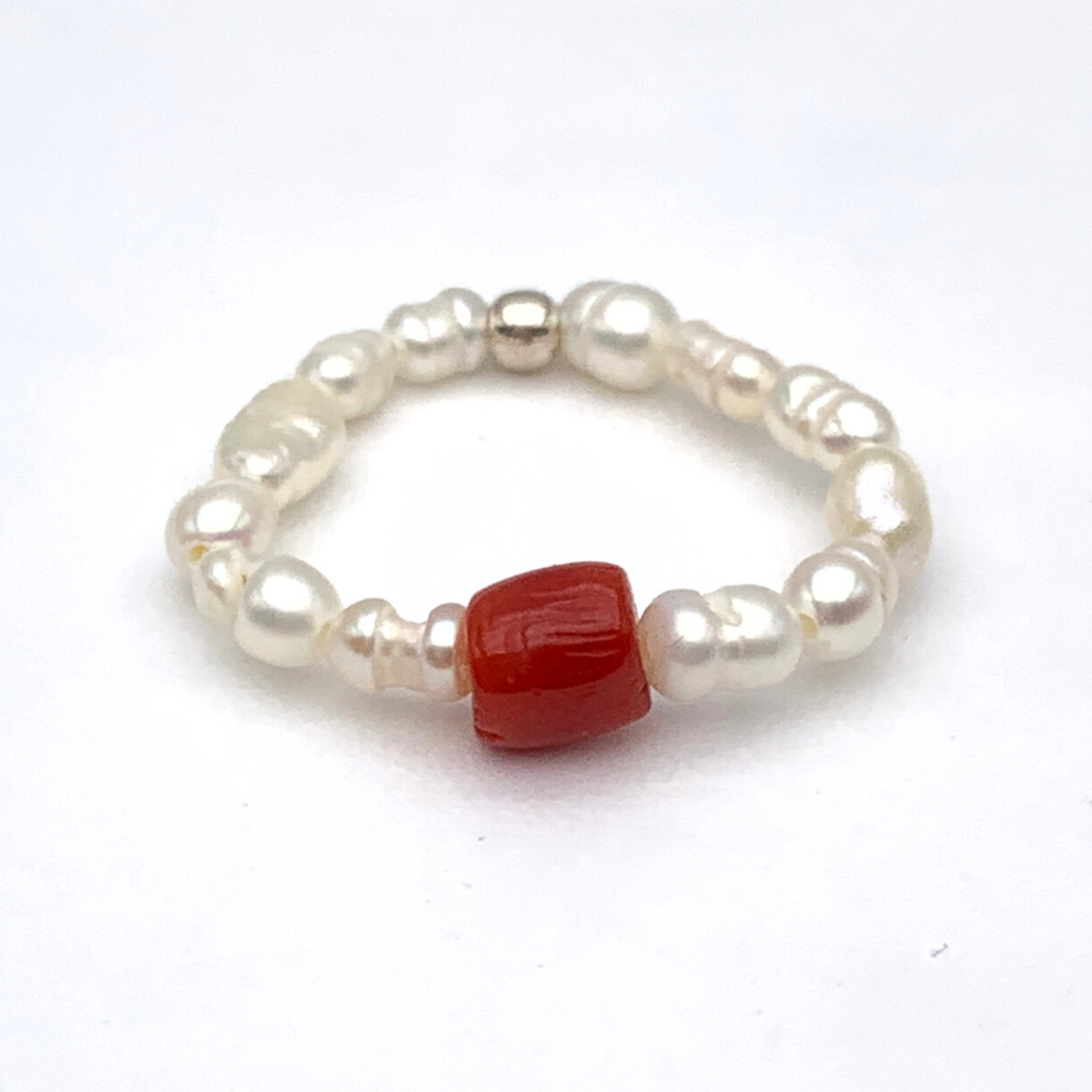 Anello Perle e Corallo Quadrato in Argento Silver - WJ Gioielli