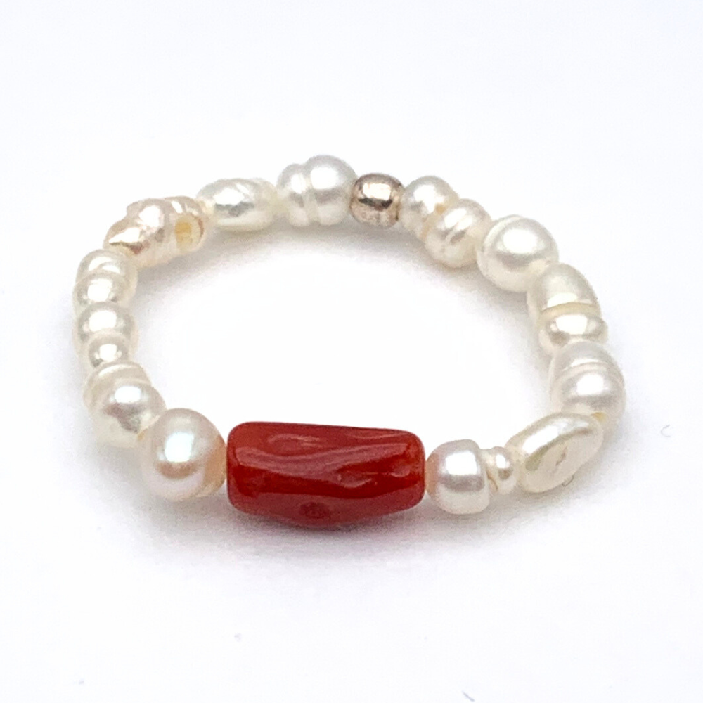 Anello Perle e Corallo Rettangolare in Argento Silver - WJ Gioielli