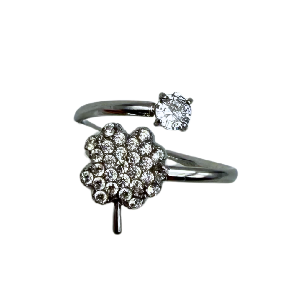 Anello Regolabile con Zircone e Quadrifoglio Pavé in Acciaio Silver