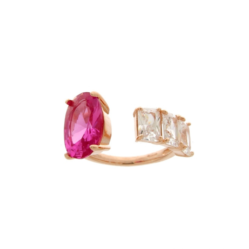 anello rosè con zirconi baguette bianchi e ovale fucsia