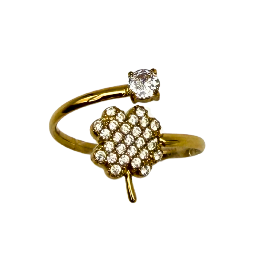Anello Regolabile con Zircone e Quadrifoglio Pavé in Acciaio Gold