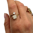 Anello Regolabile con Zircone e Quadrifoglio Pavé in Acciaio Gold