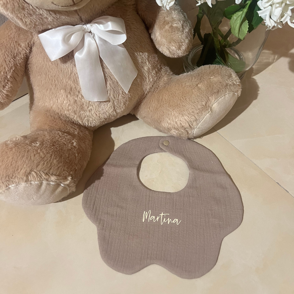 bavaglino marrone a fiore/ nuvola in cotone per neonati personalizzabile con nome stampato