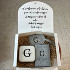 box compleanno in cartone che potrete personalizzare con nome e dedica con all'interno un porta passaporto personalizzabile, un etichetta bagaglio personalizzabile e un portagioie personalizzabile