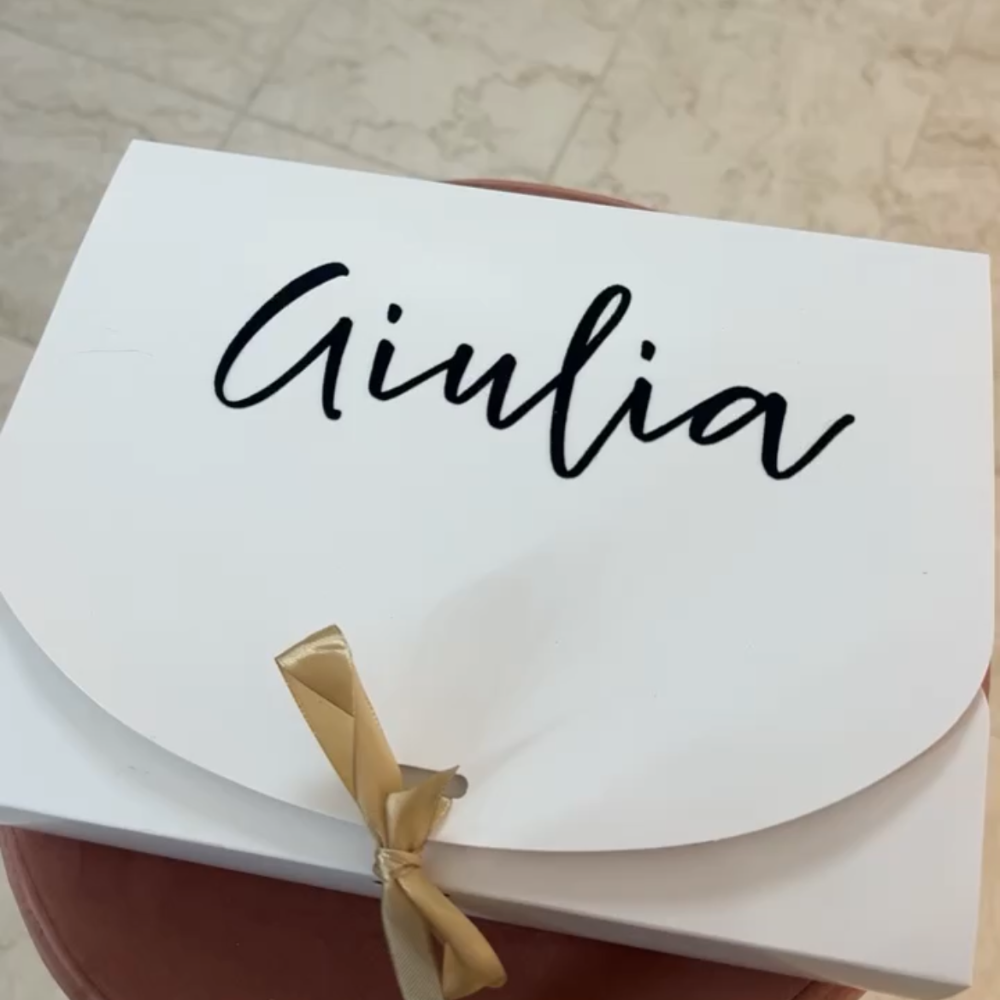 box compleanno in cartone che potrete personalizzare con nome e dedica con all'interno un porta passaporto personalizzabile, un etichetta bagaglio personalizzabile e un portagioie personalizzabile