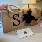 set mare con borsa di paglia mare, cappello di paglia con fiocco e pochette trousse