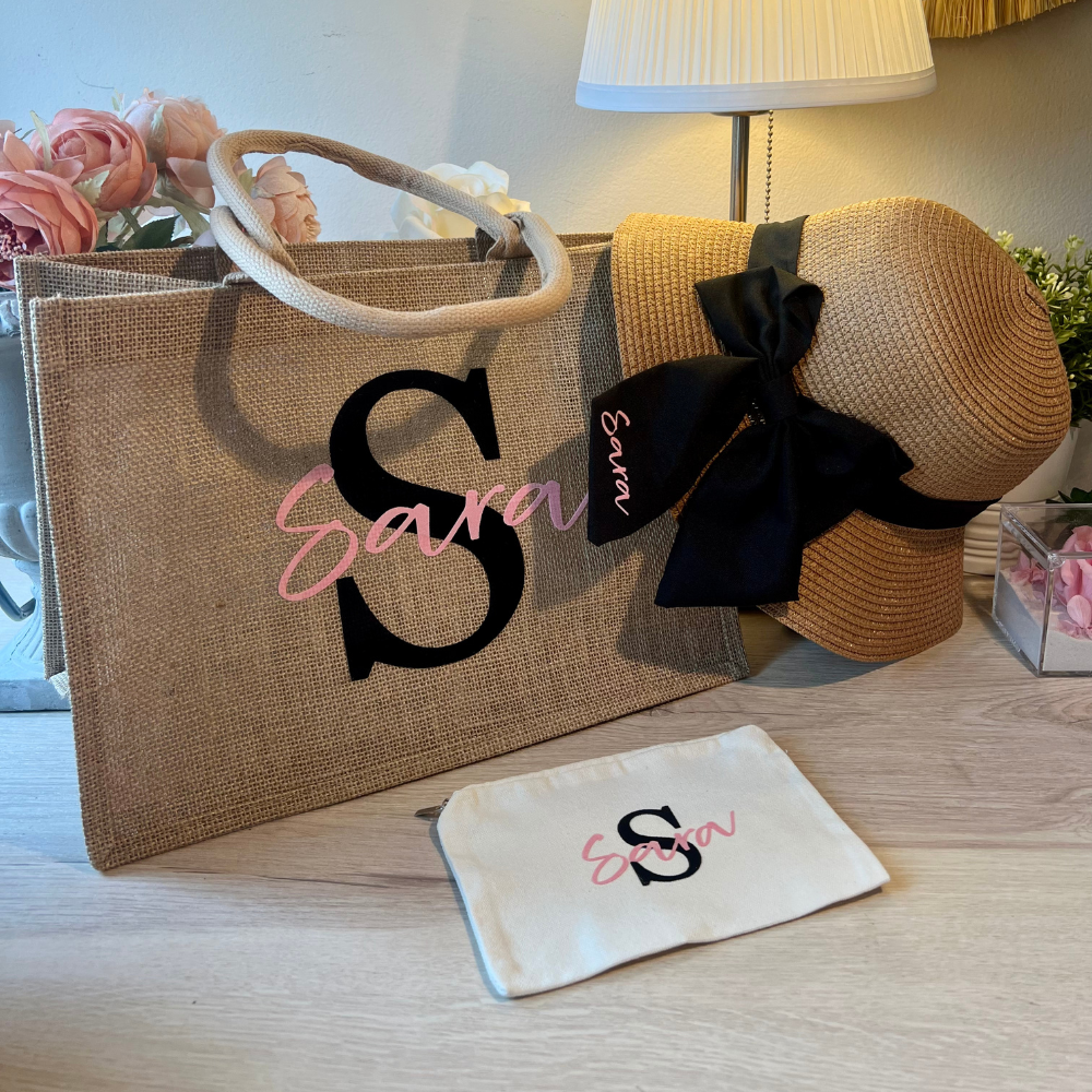 set mare con borsa di paglia mare, cappello di paglia con fiocco e pochette trousse