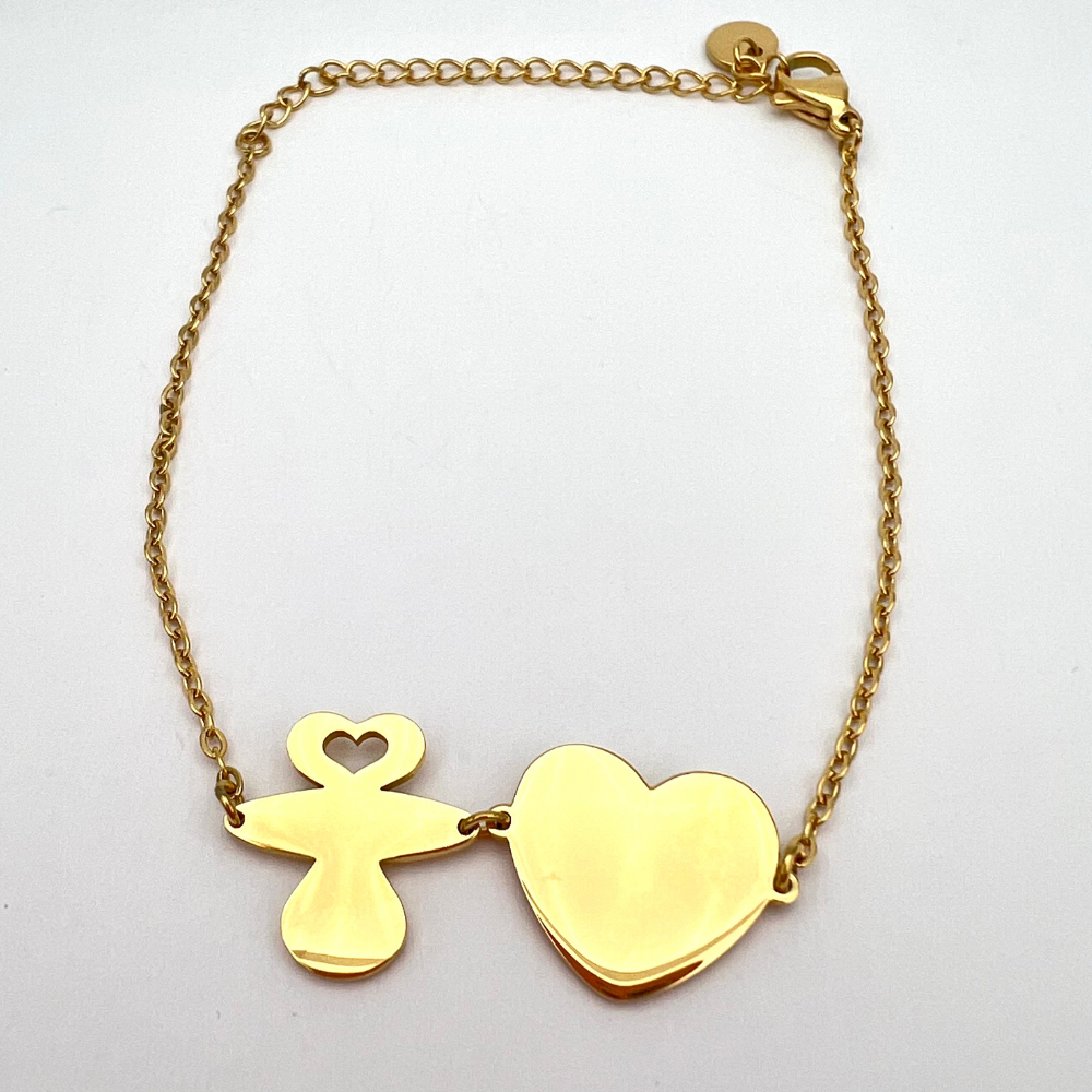 bracciale in acciaio inox gold placcato oro giallo con ciondolo ciuccio e cuore personalizzabile con incisione