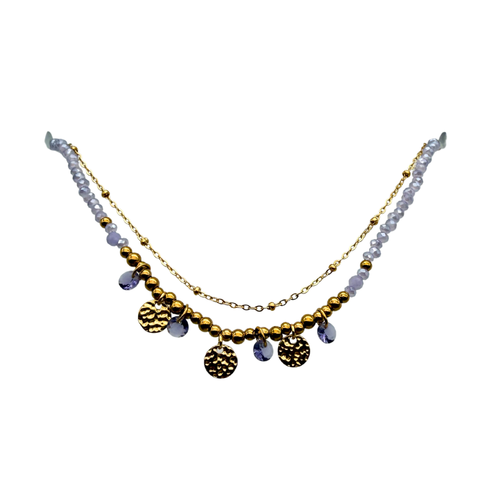Bracciale Perline Colorate Lilla e Medagliette in Acciaio Gold