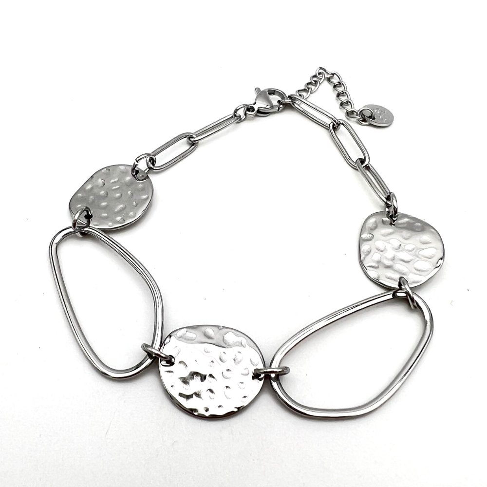 bracciale in acciaio silver con medaglie martellate e ovali stilizzati