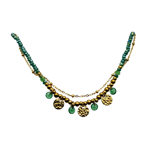 Bracciale Perline Colorate Verdi e Medagliette in Acciaio Gold
