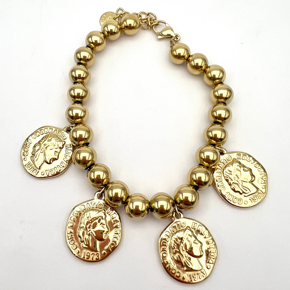 bracciale sfere in acciaio gold con ciondoli con monete